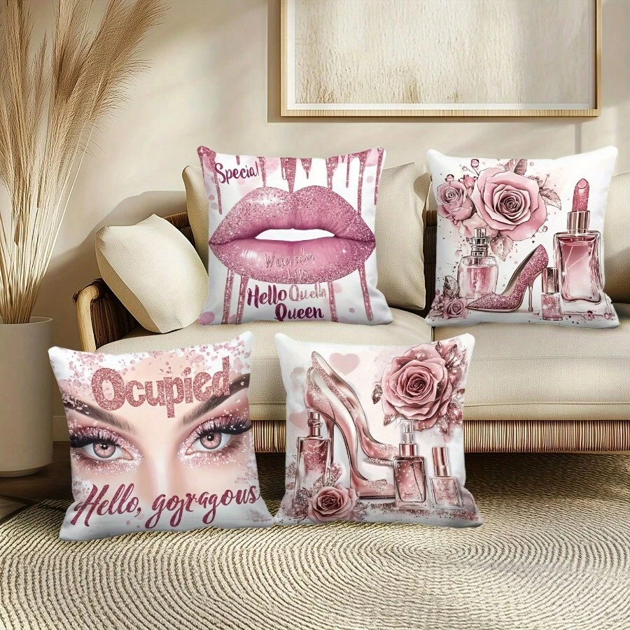 4PCS Pink Lipstick Women's Pillowcase, Single-Sided Printing, Sofa Bed, Car Living Room, Home Decoration, Room Decoration, Without Pillow Core - Multicolor - View 1