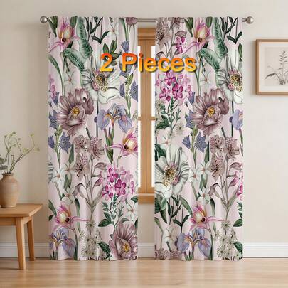 2PCS Classical European Floral Printed Curtains, Elegant Flower Bedroom Curtains, Curtains For Living Room, 52"W * 84"L