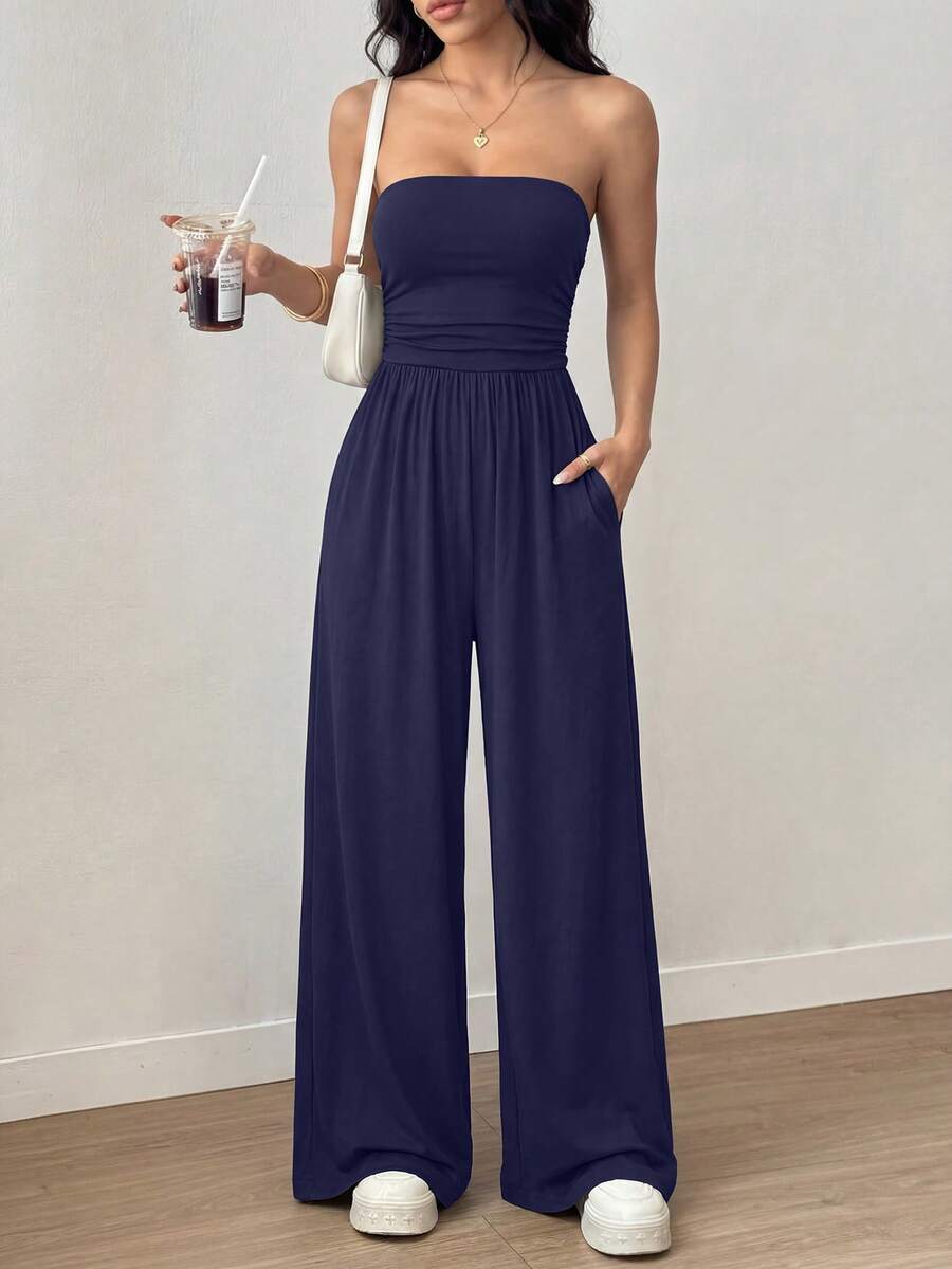 Women Summer Strapless Tube Top Ruched Wide Leg Pants Jumpsuit Casual Spring Holiday Beach Vacation Airport Sleeveless Rompers Outfits - Màu xanh hải quân - Xem 1