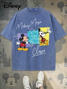 Disney Disneyland 100 Percent Cotton,Pop Art Nostalgia Tee – Cute Animated Rodent In Triple Panel Design With 'Classic' Calligraphy | Oversized Cozy Tee For Girls & Women |  Y2K Retro Collection, Made Of 100% Cotton High-Quality Fabric, Fine Needle Carding, Relaxed And Comfortable, Suitable For Both Men And Women, Suitable For Young Street Hipsters. - Màu xanh lam - Xem 1