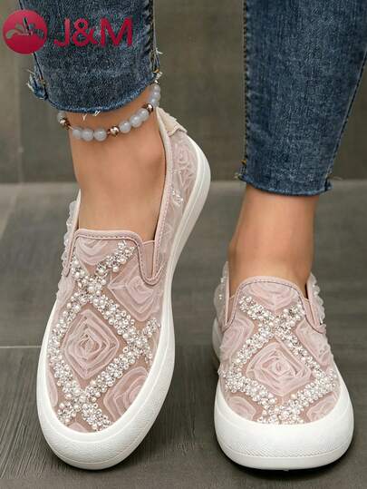 J&M 1 Pair Women 3D Rose Lace Platform Slip-On Sneakers, Breathable Mesh Sequin Embellished Thick Sole Casual Shoes For Daily Wear & Street Style