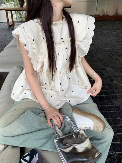 夏季休闲爱心印花荷叶边衬衫