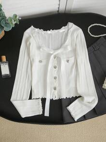 Áo cardigan ngắn ôm dáng gợi cảm mùa xuân/hè mới, thắt nơ ruy băng, viền bèo nhún, cài khuy kim loại một hàng, tay dài, kiểu áo crop top, thích hợp cho đi chơi, hẹn hò, du lịch, buổi tối, tiệc tùng, đi làm. - Màu trắng sữa - Xem 5