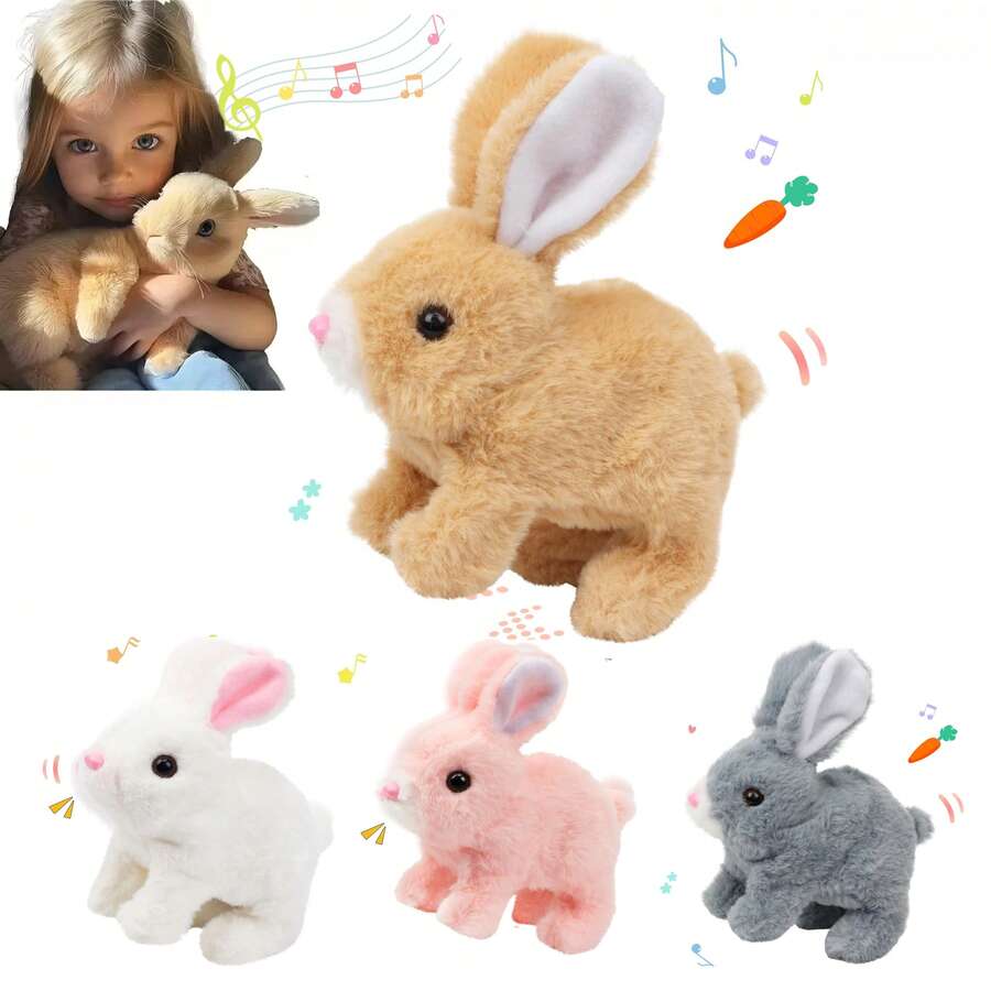Plush Bunny Toy Interactive Realistic Walking With Sounds Ears Wiggling & Twitch Mouth Hopping Rabbit Easter Christmas Birthday Gift - 粉色 - 查看 1