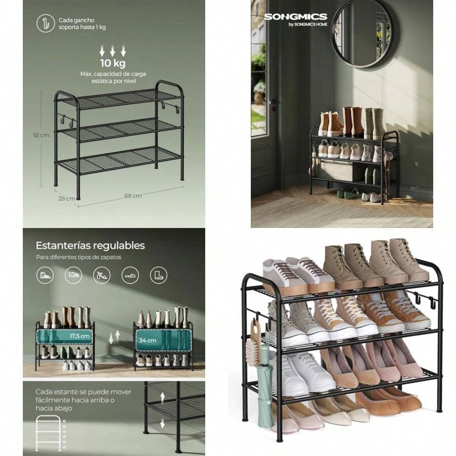 SONGMICS Zapatero Organizaor Zapatos e 3 Niveles Estante Metálico con 4 Gancos para 12 Pares Altura Ajustable MLMR068B01 - Ver 1