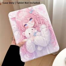 Étui de protection pour tablette en cristal acrylique avec motif de fille de dessin animé serrant un ours mignon en forme de cœur, avec support, compatible avec Samsung, Apple, Honor et autres modèles populaires, pliable anti-pliure, coins renforcés en silicone, fonction de réveil/veille automatique, fente pour stylet intégrée, support pliable multi-angle - protection quotidienne parfaite, cadeau idéal pour les fêtes - Multicolore - Voir 1