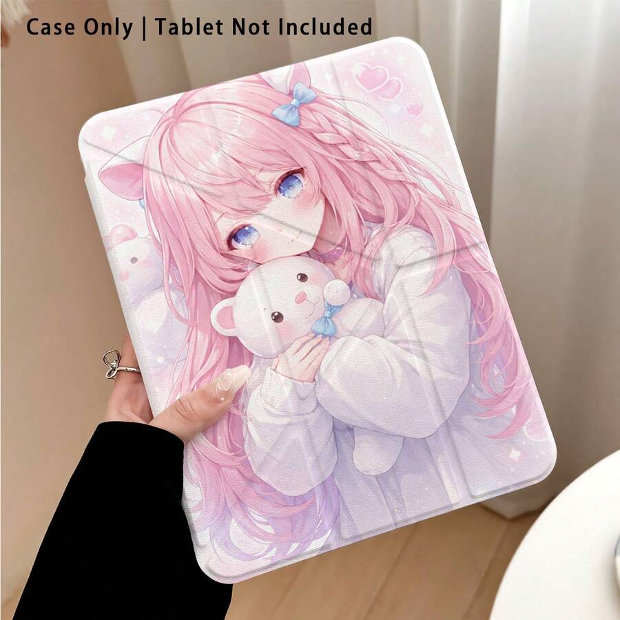Étui de protection pour tablette en cristal acrylique avec motif de fille de dessin animé serrant un ours mignon en forme de cœur, avec support, compatible avec Samsung, Apple, Honor et autres modèles populaires, pliable anti-pliure, coins renforcés en silicone, fonction de réveil/veille automatique, fente pour stylet intégrée, support pliable multi-angle - protection quotidienne parfaite, cadeau idéal pour les fêtes - Multicolore - Voir 1