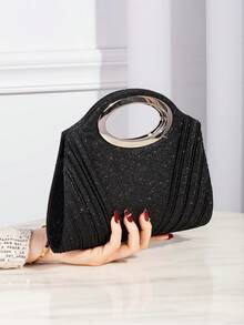Cartera de Fiesta Dorada con Pedrería Brillante y Asa Metálica Circular, Clutch de Mano Elegante para Boda Cena y Eventos Especiales Moda Mujer - Negro - Ver 2