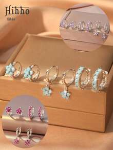Hihho 6 Pieces Simple & Fashionable Shiny Flower Pendant Earring Set With Full Zirconia Inlay - Luxury Jewelry Ear Accessories Gift Valentines,Mom,Mother,Mother's Day,Gift - Xanh ngọc lam - Xem 2