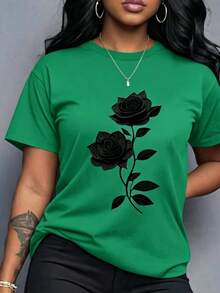 Spring Clothes Women's Clothing, Ladies Plus Size T-Shirt Black Rose Print - Casual Short Sleeve Round Neck Top, Medium Stretch Fabric, All-Season Com - 綠色 - 查看 8