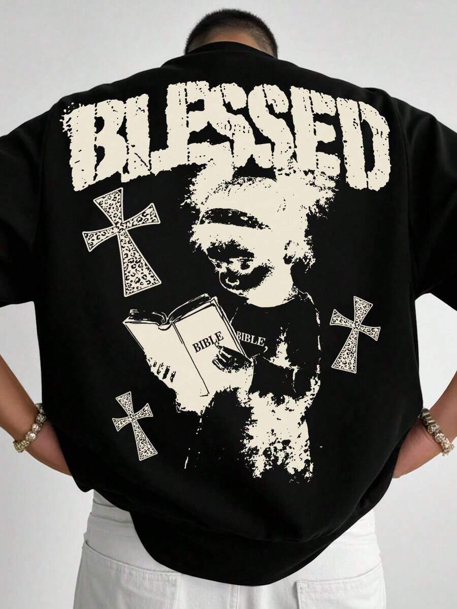 Manfinity Camiseta casual de hombre con estampado de cruz y letras, verano - Negro - Ver 1