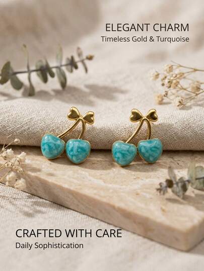 1 Pair Vintage Elegant 18K Gold Stainless Steel Green Turquoise Marble Heart Bow Knot Cherry Earrings For Women, Suitable For Daily Wear, Date, Valentine's Day, Vacation, Party, Birthday Gift, Anniversary And Wedding/Casual Dress, T-Shirt, Pants Fashion Luxury Ladies Belt