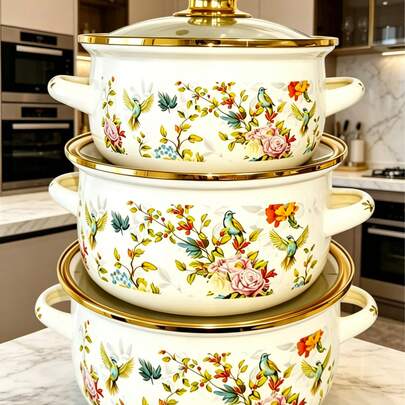 3件套优质搪瓷加厚双耳汤锅，耐高温煮锅，炖锅，加厚大容量，适用于餐厅厨房用具、厨房用品、燃气灶和电磁炉，多种容量可选，烹饪锅具，锅具套装，厨房用具，烹饪配件，餐具套装