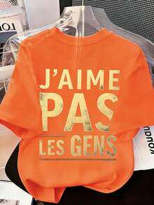純棉女 T卹，法式個性標語圖案上衣，春夏 學院風新款休閒運動女裝，垂感 柔軟 透氣 女式橙色短袖上衣，日常戶外度假穿搭 Y2K簡約趣味舒適耐穿 - 橘色 - 查看 5
