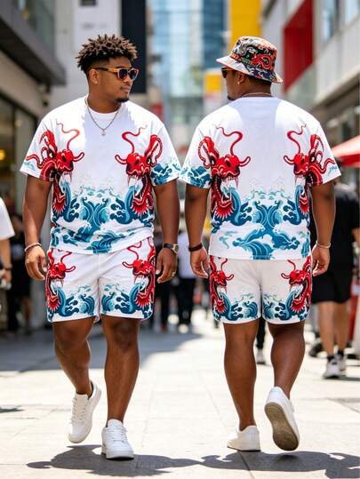Plus Size Men's Red Dragon Print Loose Casual Street T-Shirt Set, Summer Fashion Plus Size Short Sleeve Tee And Shorts 2-Piece Outfit, Funny Graphic Design For Daily Wear And Workout, Essential Summer Outfit For Tall And Men
