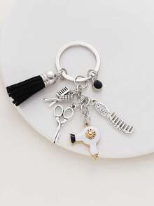 Móc khóa tua rua hình kéo cắt tóc, lược, máy sấy tóc, quà tặng cho thợ làm tóc, phụ kiện trang trí túi xách thanh lịch. - trắng - Xem 4