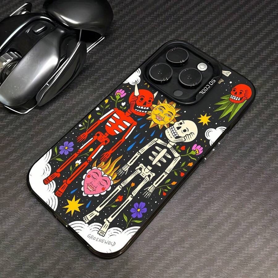 Tema de esqueletos del Día de Muertos, sol y corazónfunda de teléfono Fundas compatibles con ,Apple,VIVO,OPPO,,, y Honor.Fabricadas en silicona TPU,ofrecen protección contra golpes y caídas. - Negro - Ver 1