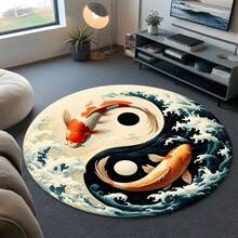 1pc Black & White Bagua Koi Fish Auspicious Round Crystal Velvet Carpet, Rug, Home Decor, Area Rug, Outdoor Mat, Bedroom Carpet, Washable Rug - Multicolor - View 1