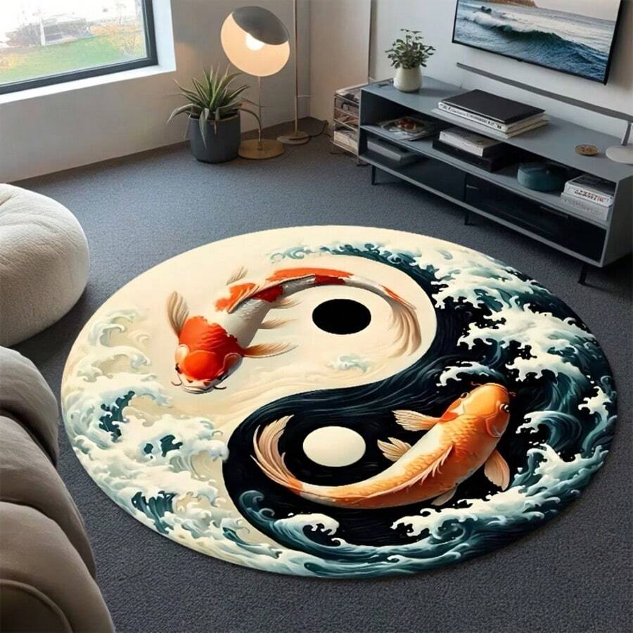 1pc Black & White Bagua Koi Fish Auspicious Round Crystal Velvet Carpet, Rug, Home Decor, Area Rug, Outdoor Mat, Bedroom Carpet, Washable Rug - Multicolor - View 1