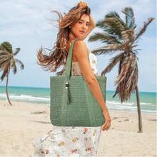 Straw Beach Bag For Women, Large Straw Beach Bag, Waterproof Woven Straw Shopping Bag, Woven Swimming Shopping Travel Bag, Straw Shopping Bag For Women, Suitable For Travel, Vacation, Sea, Everyday Life, Commuting, (Khaki/Beige/Green) - 綠色 - 查看 4