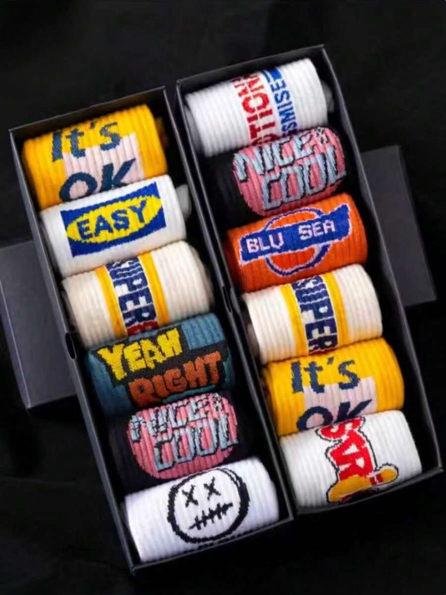 4/8 双装男女通用中筒袜，韩式篮球袜，透气吸湿字母袜，情侣袜，随机发货 - 彩色 - 查看 1