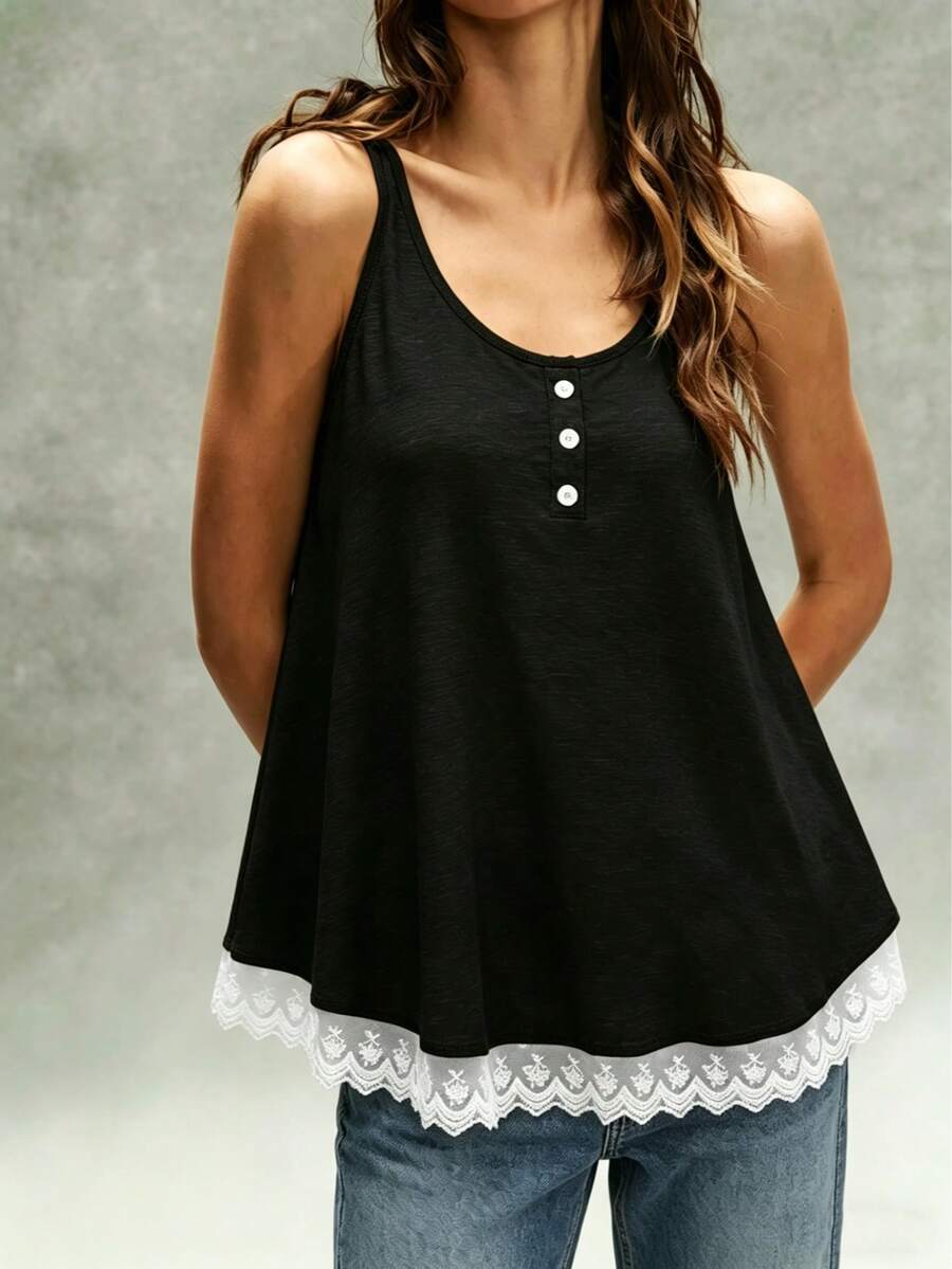 大码女式黑色圆领吊带背心，白色蕾丝边饰，针织面料，常规长度，休闲夏季款 - 黑色 - 查看 1