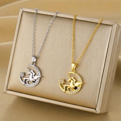1条不锈钢链独角兽吊坠项链，时尚奢华优雅设计珠宝礼品