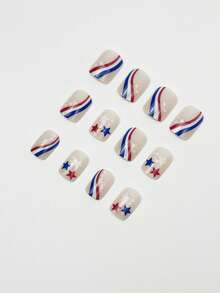 24pcs Short Creative Fashion False Nails, Blue & Red Color, Short Square Shape, White Polka Dots, Blue & Red Stripes, Five-Pointed Star Pattern, Nude Color Fake Nails, Personalized Manicure Set, Suitable For Spring/Summer, Vacation, Party, Ball, Holiday, Independence Day Nails - Multicolor - View 4