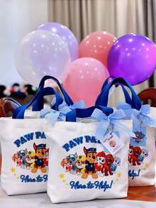 Paw Patrol 1 pièce Sac fourre-tout en canevas (sac uniquement, sans décorations), en matériau de canevas, réutilisable, joli sac fourre-tout en canevas convenant pour les cadeaux de vacances, y compris les designs de Rubble, Chase, Rocky, Zuma, Skye, Everest, Tracker, Tuck, Ella, Rex, WildCat, Liberty et plus encore - Blanc - Voir 9