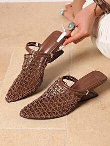 Zapatos de red vintage con estética tejida, sandalias planas con punta puntiaguda, tacón grueso y correa delgada para mujer, tacones de cuña, zapatos de verano - Marrón - Ver 3