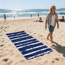 Navy Blue & White Striped Quick-Dry Beach Towel, Retro Style Absorbent Bath Towel, Suitable For Beach Vacation - A - View 2