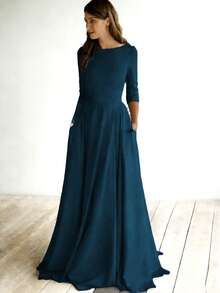 Vestido elegante de fiesta formal de boda con pliegues de unicolor para primavera - Agua verde azul - Ver 2