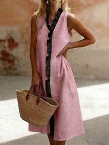 Elegante vestido midi de lino sin mangas con volantes y bloques de color para mujer - rosa - Ver 4