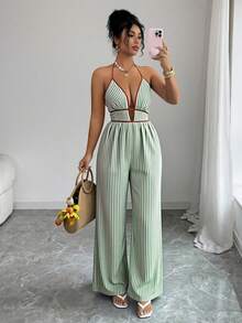 Áo liền quần hai dây phối màu gợi cảm dành cho nữ, chất liệu vải kẻ sọc, thích hợp cho kỳ nghỉ, mặc hàng ngày, hẹn hò hoặc đi biển, phong cách thanh lịch thường ngày. - màu xanh lá - Xem 3
