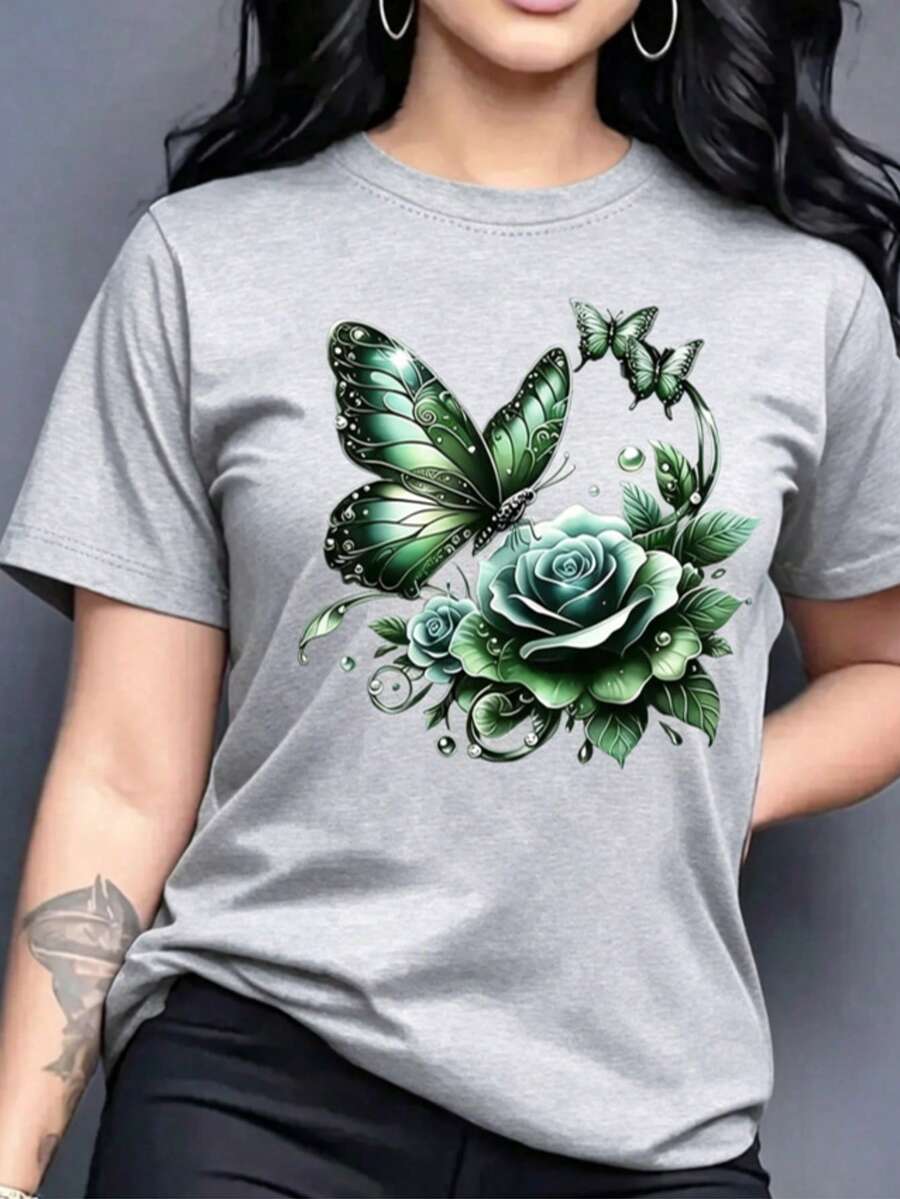 Spring Tops Fashion Letter Print Women's Round Neck Pure Cotton T-Shirt Simple Design, Comfortable And Breathable, Suitable For Daily Casual Wear, Ver - 灰色 - 查看 1