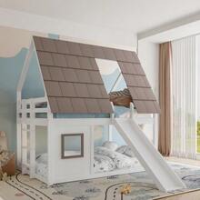 Wooden Bunk Bed Measuring 140 X 200 Cm With Roof, Ladder And Slide, White And Brown. - White - View 2