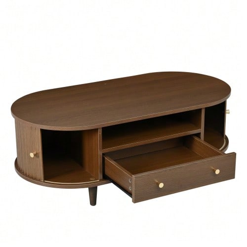 Coffee Table For Living Room, 100 X 50 X 36 Cm, Walnut Wood Finish. Coffee Table With One Drawer And Open Storage Space, Side Table With Roll-Up Door, Living Room Table With Four Support Legs. - Natural Color - View 6