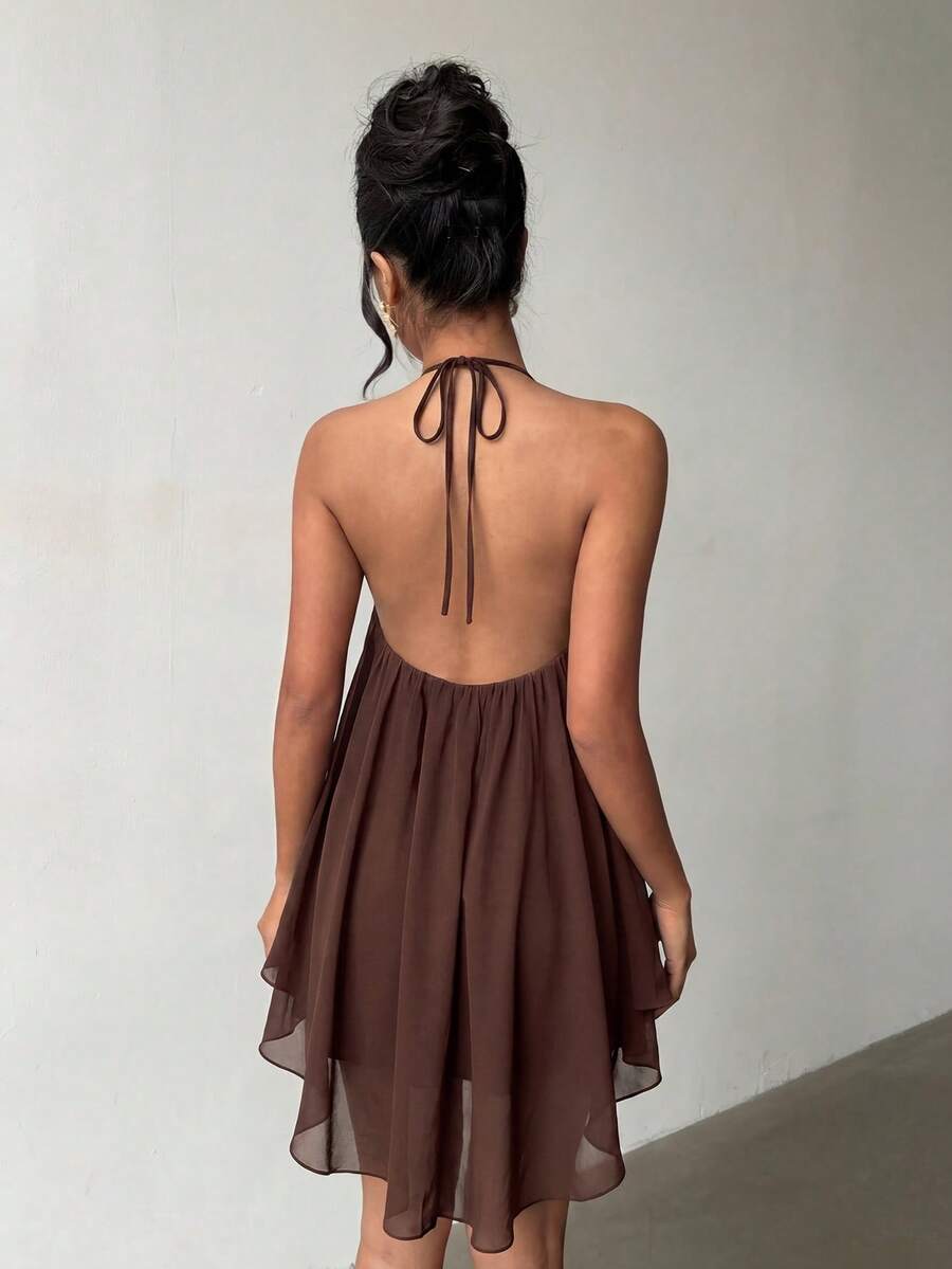 Brown Halter Backless Chiffon Mini Skirt With Asymmetric Hem, Casual Wear For Evening Dates, Beach, Vacation, Festivals In Spring/Summer Party - Brown - View 1