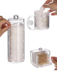 1pc/3pcs Cosmetic Storage Box, Cotton Swab Storage Box Bathroom Organizer, Round Cotton Pad/Floss Box, For Organizing And Storing - Multicolor - View 3