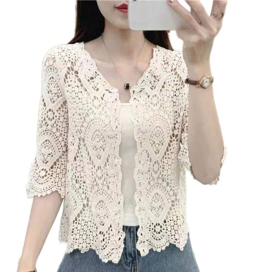 Hollow Crochet Floral  Sleeves Open Front Cropped Cardigan - 淺褐色的 - 查看 1