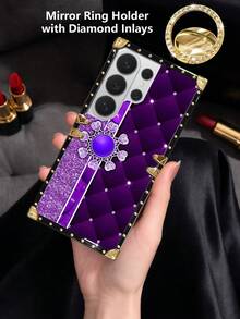 1个紫色格子花卉2D图案纹理长方形防震手机壳，兼容三星Galaxy S26 Ultra/S26/S26 Plus/S25FE/S25 Ultra/S25+/S25/S24 Plus/S24/S24U/S23 Ultra/S22 Ultra/A56 5G/A36/A17/A16 和 17proamx/17/16 Promax/16/15PRO Max/15/14 Plus/15plus/14 Pro Max/13promax。使用前请撕掉保护膜。 - 紫色+鏡面指環支架 - 查看 6