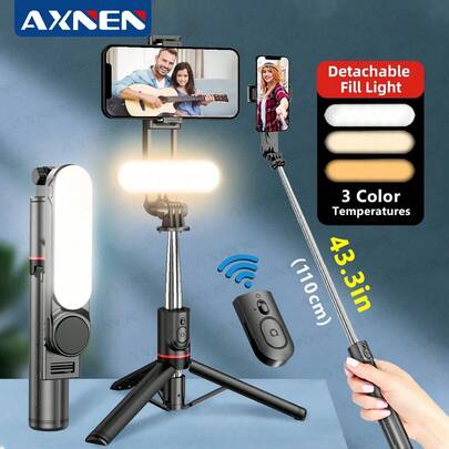 AXNEN 44英寸可伸缩自拍杆三脚架，带补光灯、无线遥控器、360°旋转，兼容 14/13/12/11 Pro/XS Max/XS/XR/X/8/7及其他智能手机