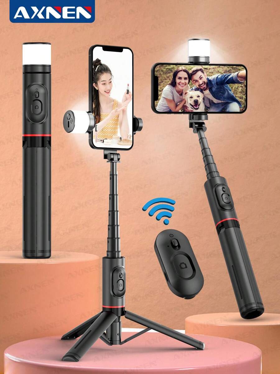 Selfie Stick With Curved Fill Light, Portable & Stable Phone Tripod Stand With Wireless Remote For Phone 16 15 14 13 12 Pro Max, Etc. Smartphone - 黑色 - 查看 1