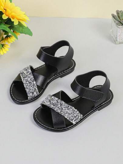 1 Pair Girls' Black Flat Sandals With Silver Glitter, Children's Sparkling Crystal Princess Sandals, Soft Bottom Open Toe Casual Shoes For Toddlers & Little Kids, Summer