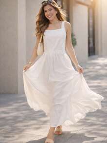 ADD FASHION,REF:4132-Women's Dress Solid Color Retro Square Neck Suspender Back High Waist Straight Thin New Summer 2025 Women's Sleeveless Suspender Dress Solid Color French Suspender Dress Women's French Retro, Exquisite Daily Wear Women's 2025 New - 白色 - 查看 2