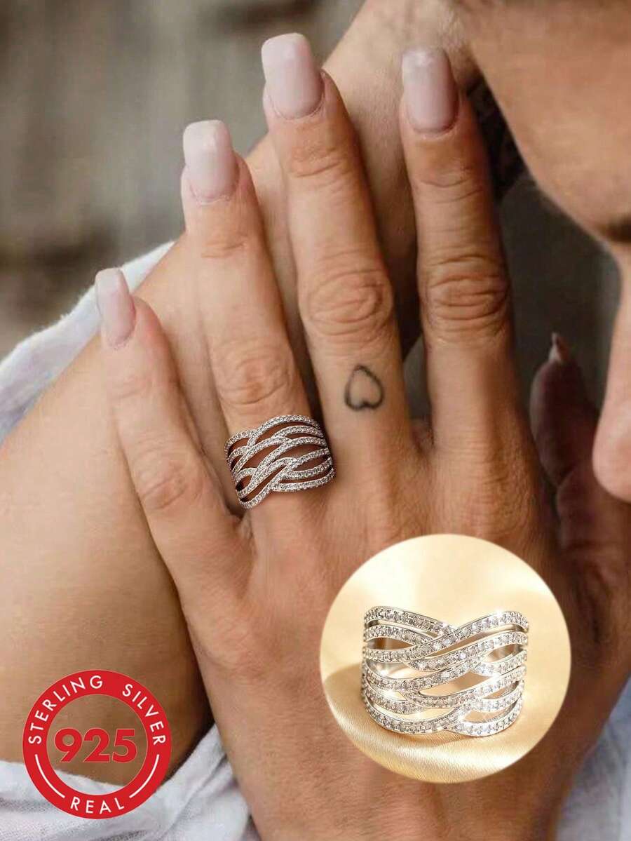 1pc S925 Sterling Silver Interwoven Line Design Ring, Delicate Jewelry Gift For Women