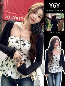 [Y6Y] Áo khoác cardigan dài tay dệt kim dáng ngắn dành cho nữ, nhẹ và co giãn, thích hợp để mặc lót với áo hai dây. - màu đen - Xem 1