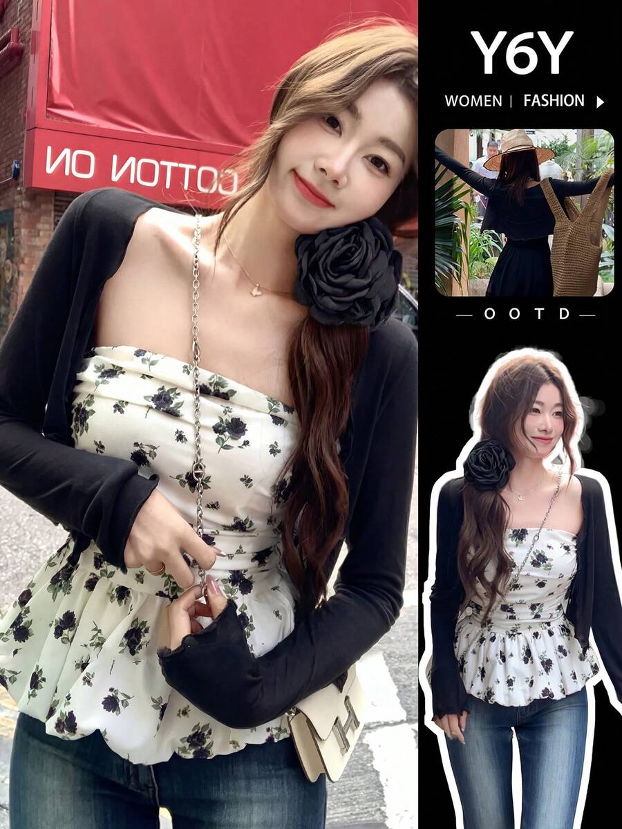 [Y6Y] Áo khoác cardigan dài tay dệt kim dáng ngắn dành cho nữ, nhẹ và co giãn, thích hợp để mặc lót với áo hai dây. - màu đen - Xem 1