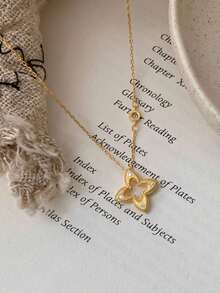 1 件女士镂空水钻四叶草项链，优雅时尚奢华魅力项链，百搭颈链锁骨项链 - 古法四葉草項鍊 - 查看 1