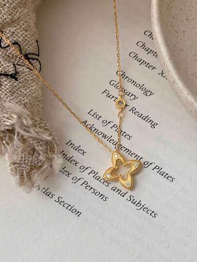 1 件女士镂空水钻四叶草项链，优雅时尚奢华魅力项链，百搭颈链锁骨项链